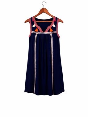 Red Camel Medium Navy Embroidered Tassel Trim Boho Mini Dress